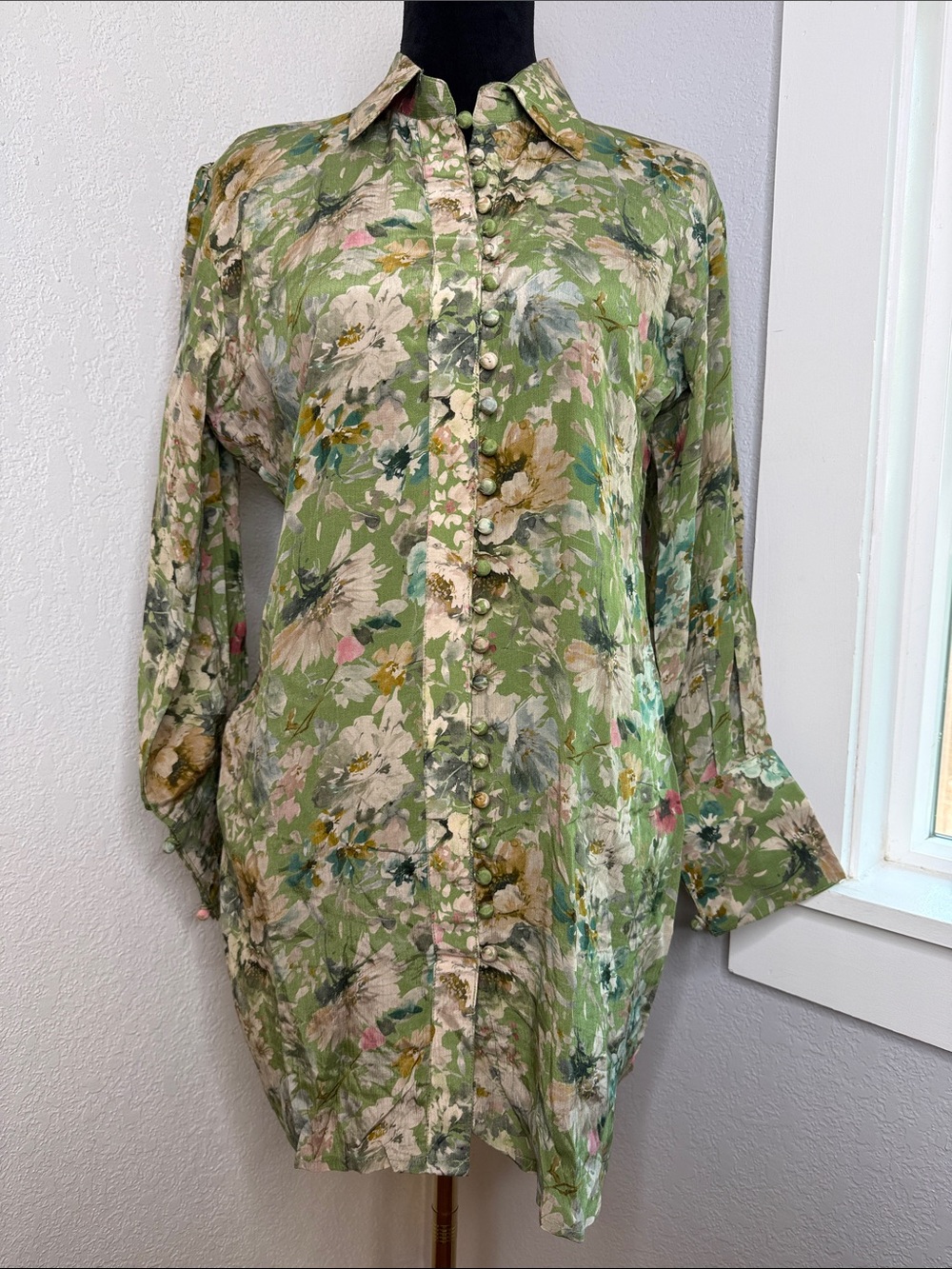 Handmade Green Cottagecore Boho Botanical Floral Tunic Blouse French cuffs